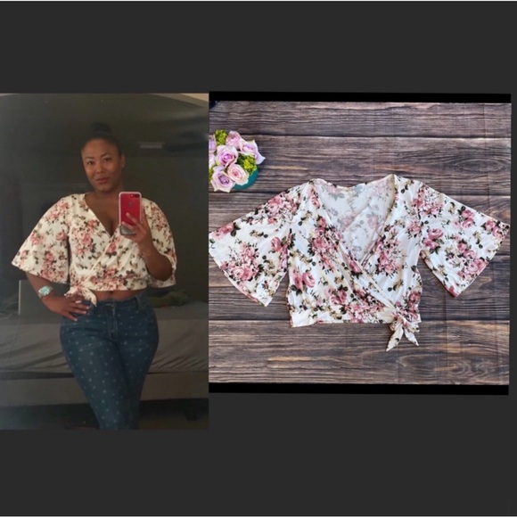 Charlotte Russe Floral Wrap Crop Top L Kimono Sleeve Tie Waist White Pink Blouse - Picture 5 of 6
